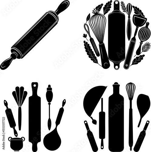 Black and white kitchen utensils still life featuring rolling pins and whisks