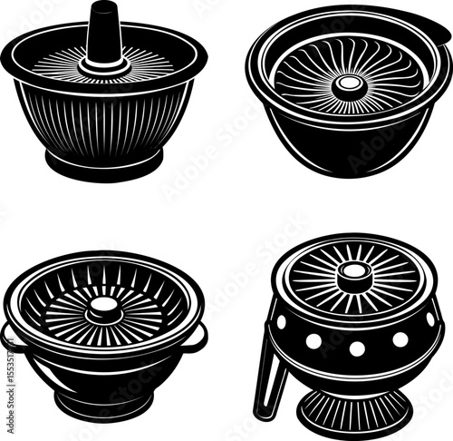 Isometric vector illustrations of various centrifuge devices for laboratory and kitchen use