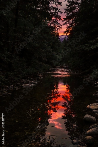 A tranquil forest river at dusk, framed by tall, dark evergreen trees. The water reflects a fiery, vivid sunset sky with shades of red, orange, and magenta – AI Generated Digital Art.