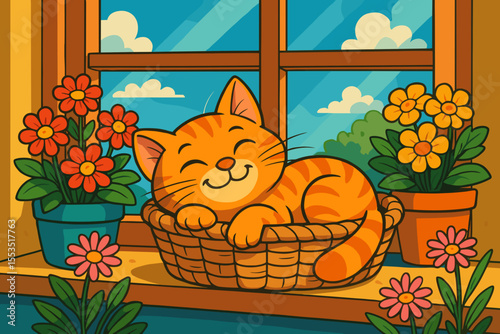 Happy orange cat napping in basket on sunny windowsill