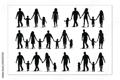 Family Silhouettes Collection: A diverse collection of family silhouettes depicting parents and children walking hand-in-hand, representing family unity, love, and togetherness.