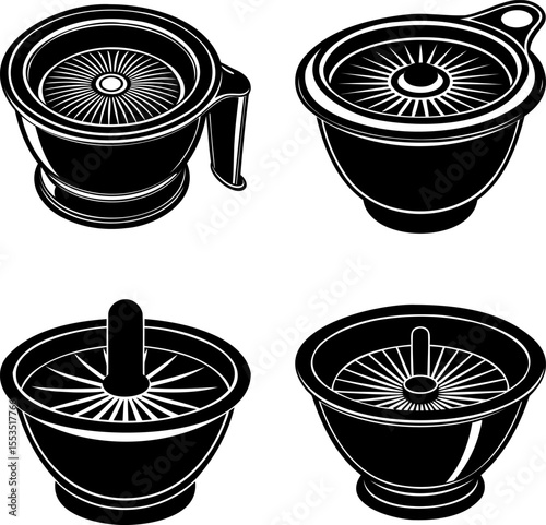 Four stylized black and white isometric illustrations of sugar sprinklers or strainers