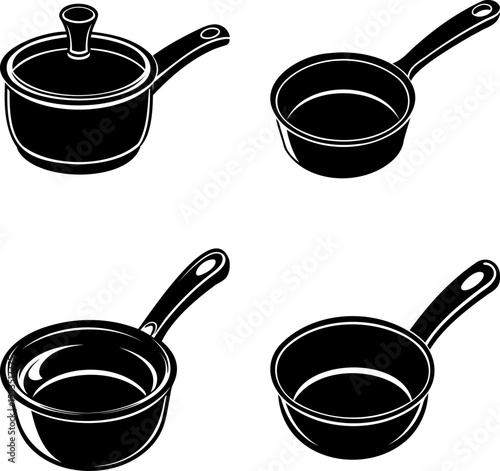 Black and white illustration showcases four distinct pot and pan designs