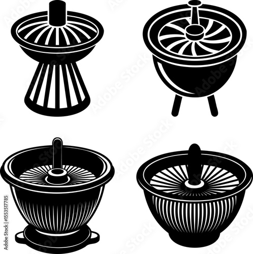 Black and White Vector Image Depicting Four Stylized Roulette Wheels