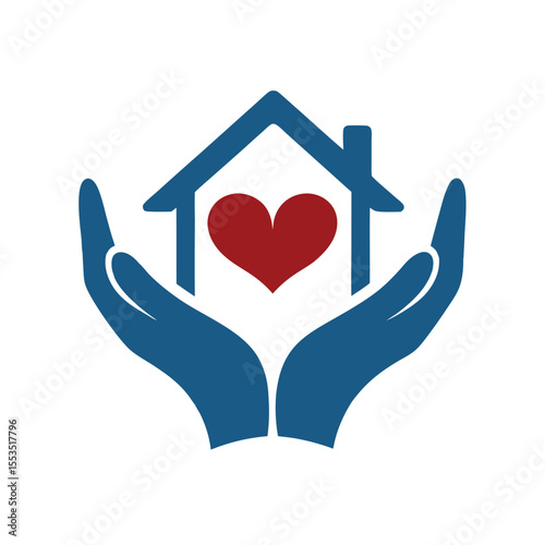 Blue hands cradle house with red heart symbol home.