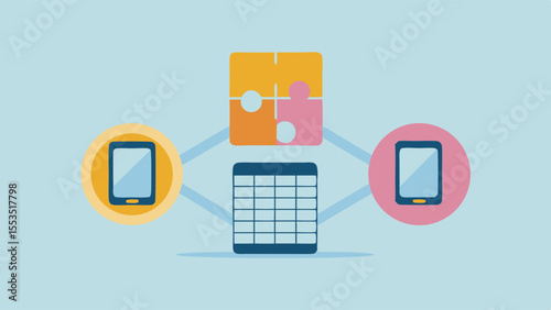 depicting mobile data connection with puzzle and spreadsheet in light blue background
