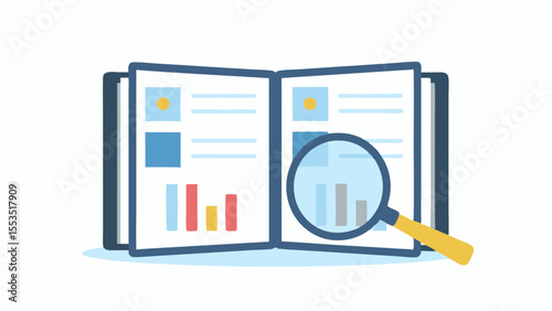 Open book with charts and data being analyzed with a magnifying glass for detailed information review