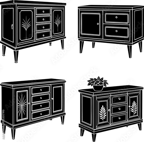 Four vintage cabinets with drawers and leaf designs isolated on white background