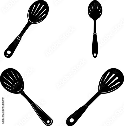 Four black slotted spoons with handles arranged on a white background