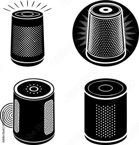 Four stylized black and white images of modern voice assistant devices