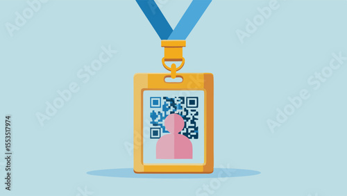 a yellow id badge with a blue lanyard and a qr code and pink person icon inside