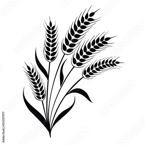  A cluster of elegant black wheat ears with leaves, presented as a clean vector silhouette. Perfect for agriculture, food, or natural product designs.