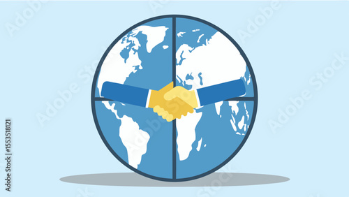 a handshake over a world globe divided into four quadrants on a light blue background