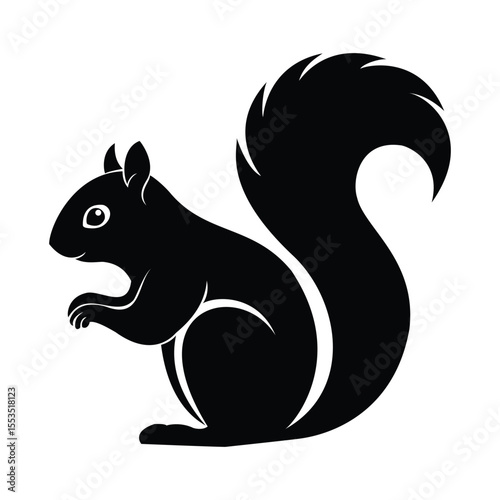 A sleek black squirrel silhouette with a bushy tail, captured in a clean vector illustration. Ideal for logos, icons, or nature-themed designs.