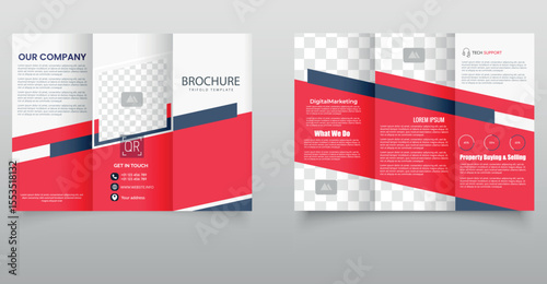 Corporate Red and Blue Trifold Brochure Template for Business Promotion. Modern red and blue trifold brochure template with geometric design elements, perfect for business advertising, marketing.