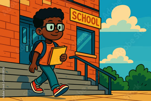Smiling boy leaving school building with books