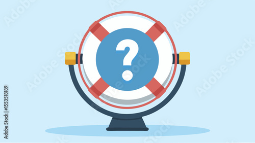a life preserver with a question mark inside on a stand against a light blue background