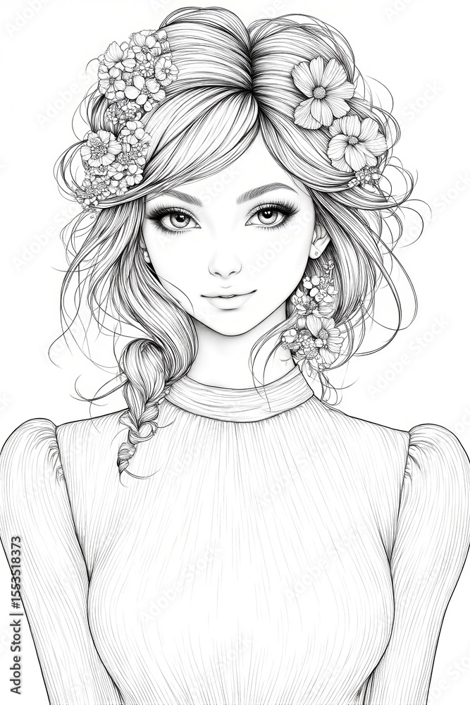Fototapeta premium Woman with a flowery headband and a white shirt. She has a smile on her face