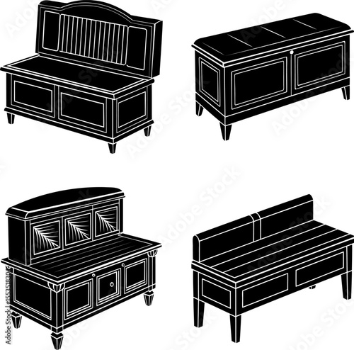 Four variations of furniture, including benches and storage trunks in black and white