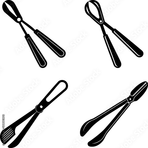 Four different black and white tongs in a graphic design layout