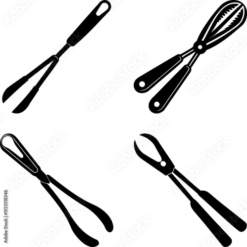 A collection of different styles of utility and culinary tongs in black