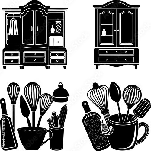 Black and White Line Art Illustration of Furniture and Kitchen Utensils