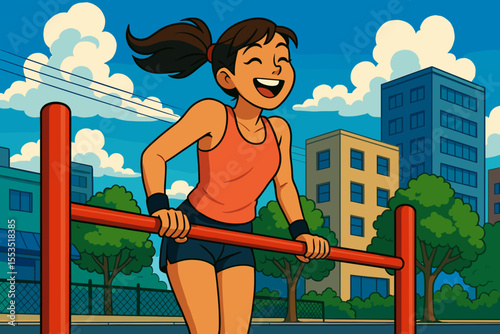  Smiling woman exercising on bar in city park