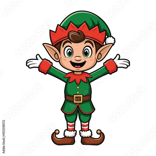 Create a delightful cartoon image of a Christmas elf standing with arms outstretched in a welcoming gesture.