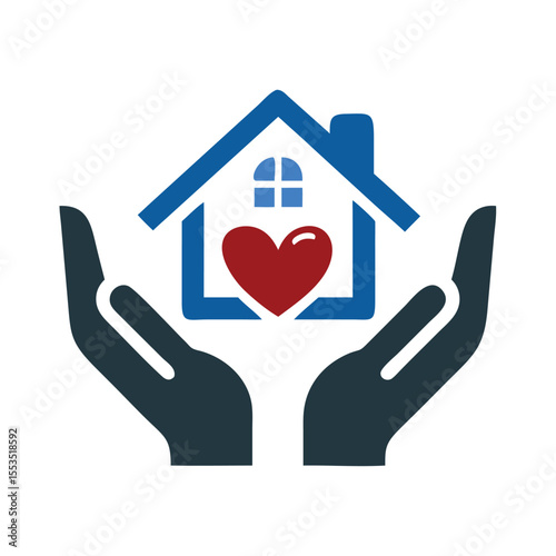 Blue hands cradle house with red heart symbol home