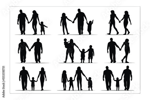 Family Silhouette Collection: A series of simple yet evocative silhouettes capturing moments of togetherness and love within families, showcasing parents and children holding hands in various poses.