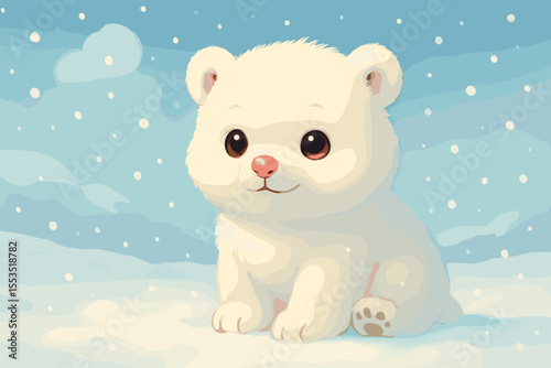 Cute polar bear cub sitting in snow
