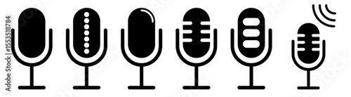 Minimalist flat microphone icon set in outline style, vector EPS 10 format. Includes multiple mic designs for podcasting, audio recording, broadcasting, and user interface illustrations.