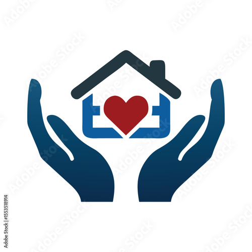 Blue hands cradle house with red heart symbol home