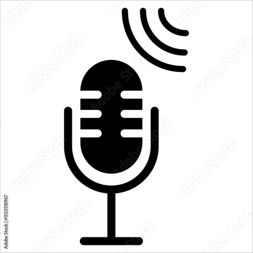 Minimalist flat microphone icon set in outline style, vector EPS 10 format. Includes multiple mic designs for podcasting, audio recording, broadcasting, and user interface illustrations.