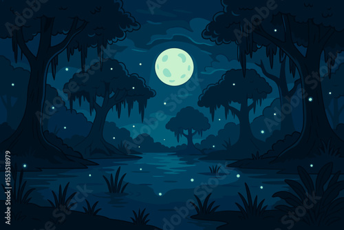 Moonlit swamp landscape with trees and fireflies