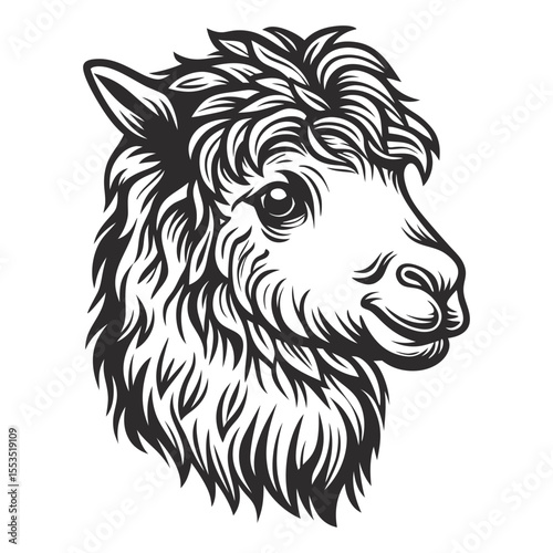 Monochrome illustration featuring the head of a llama, alpaca, lama showcasing its fluffy fur and gentle expression, perfect for animal lovers and wildlife enthusiasts alike