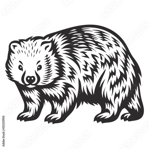 Monochrome vector illustration presents a wombat walking, showcasing intricate details of its fur and form in a vintage style, suitable for wildlife enthusiasts and design projects