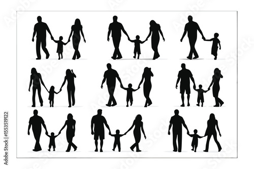Family Silhouette Compilation: A collection of silhouetted families, each walking hand-in-hand, portraying love, unity, and the strength of familial bonds.
