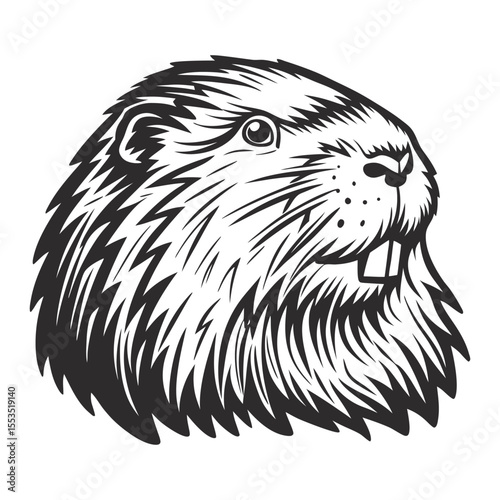 Striking monochrome vector artwork featuring the head of a wild beaver, highlighting thick fur and prominent teeth for a bold design element appealing to wildlife enthusiasts