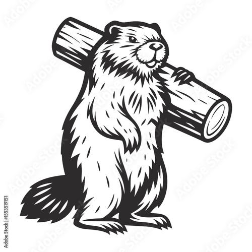 Strong groundhog carrying a wood log on its shoulder in a vintage monochrome style, ideal for wildlife and construction logos or emblems, embodying nature and craftsmanship