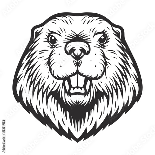 Striking monochrome vector artwork featuring the head of a wild beaver, highlighting thick fur and prominent teeth for a bold design element appealing to wildlife enthusiasts