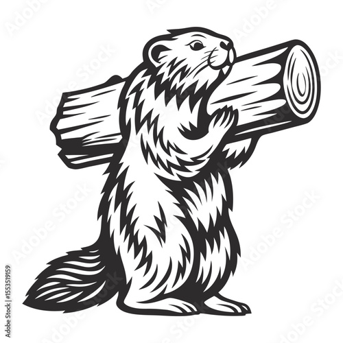 Strong groundhog carrying a wood log on its shoulder in a vintage monochrome style, ideal for wildlife and construction logos or emblems, embodying nature and craftsmanship