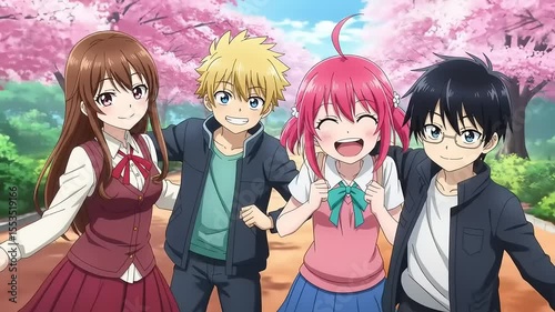 Group of four cheerful friends posing together in a cherry blossom park on a sunny day