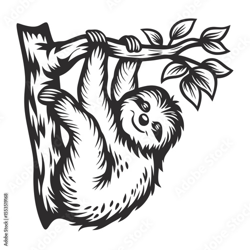 Monochrome sloth hanging upside down from tree branch, visible facial expression, detailed fur texture, symmetrical composition, suitable for wildlife or nature themed graphic application