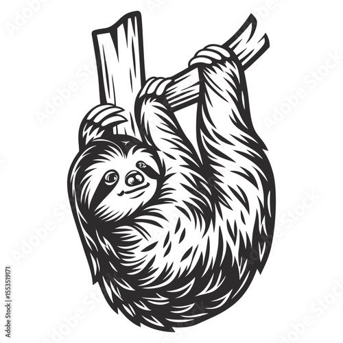Monochrome sloth hanging upside down from tree branch, visible facial expression, detailed fur texture, symmetrical composition, suitable for wildlife or nature themed graphic application