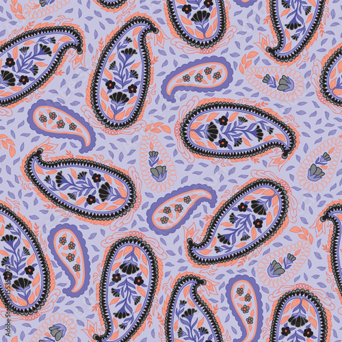 Halloween Paisleys in Purple Orange and Black in a Non Directional Tossed Design creating a seamless pattern print