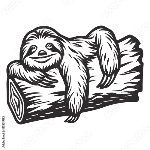 Monochrome sloth sleeping on horizontal log, limbs relaxed, closed eyes, visible fur texture, minimal composition, suitable for wildlife themed vector graphics or nature related print use