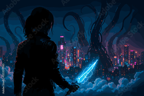 Woman holding glowing sword facing monster cityscape