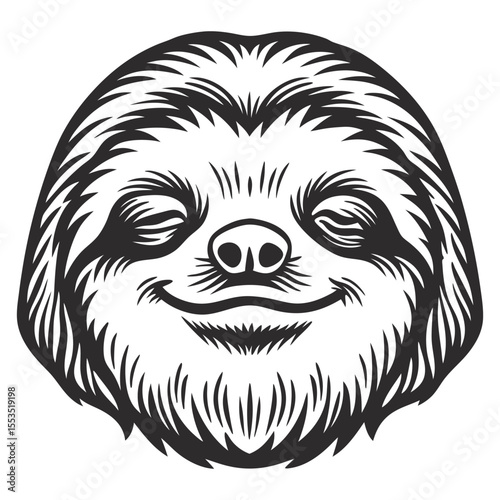 Monochrome sloth face with neutral expression, visible fur lines, frontal view, symmetrical vector layout, suitable for nature themed graphics, merchandise, logo or wildlife related design use