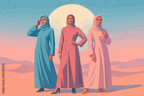 Three Muslim women in stylish hijabs standing in a desert landscape  